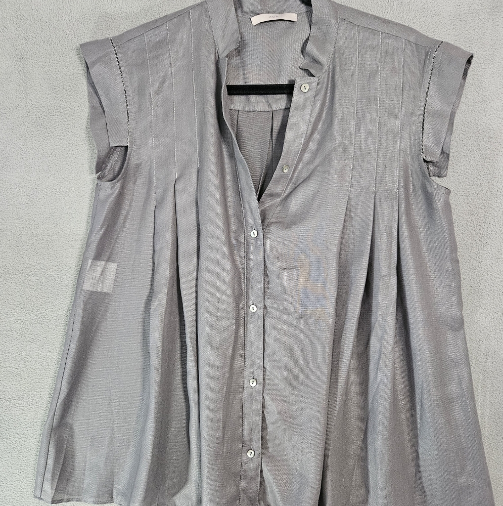 Zapa Paris Womens Medium Sheer Button Up Gray Shirt Oversized Crochet Cap Sleeve